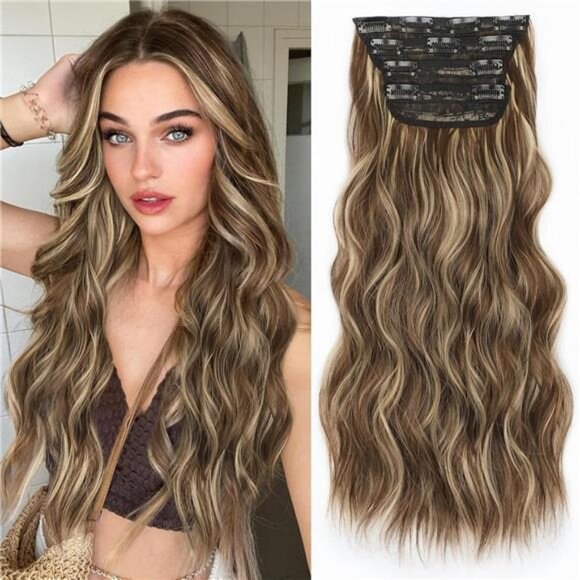 Clip in Hair Extension,Long Wavy Brown Mixed Light Blonde Hair Extension